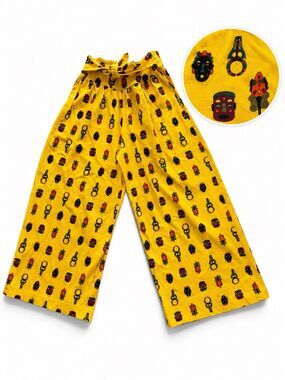 Vintage Lisa Nichols Rare Pants Yellow Tribal Totem Mask Print Wide Leg Size 3 L